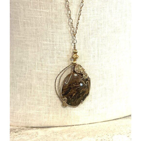 Gold 14kt GF Wire Wrapped Pietersite Pendant Artisan Handmade Gemstone Necklace - Picture 9 of 9